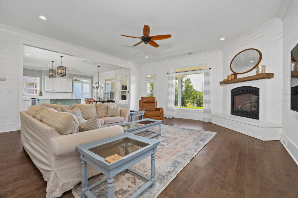 Family Room, Custom Built Home, Brick Fireplace, Light gray walls, Tall Vaulted Ceilings, Huntsville Alabama Gated Community, 108 Railway, Realtor John Wesley Brooks