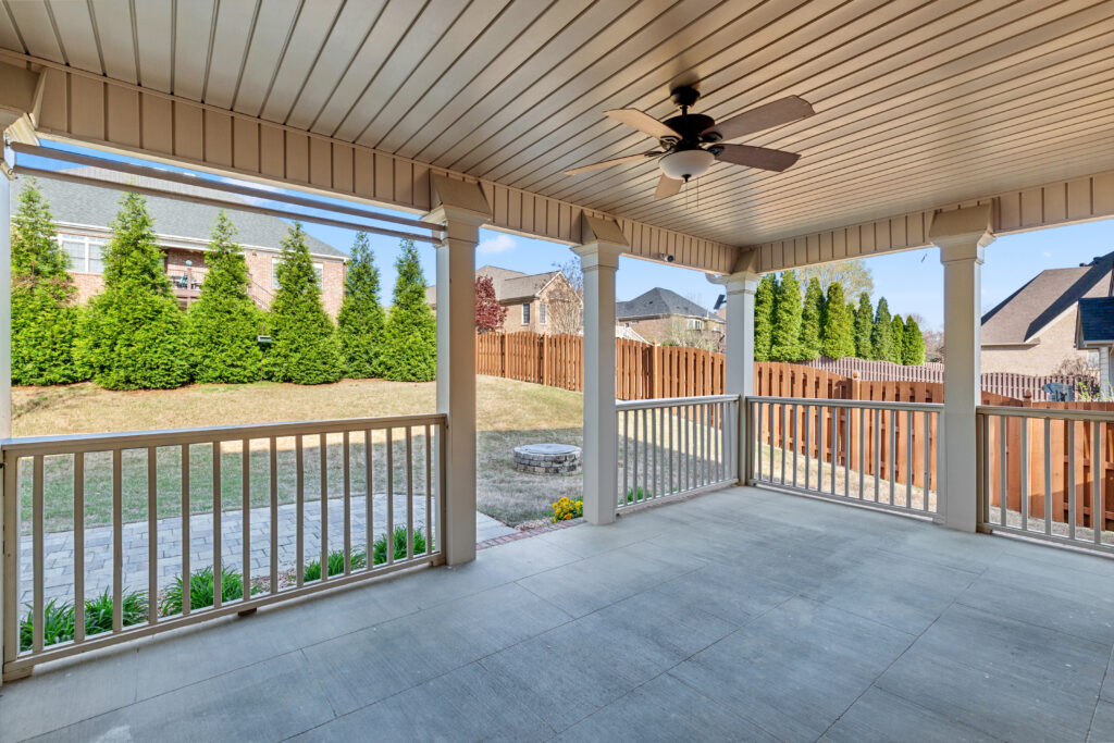 Back porch, covered porch, ceiling fan, private backyard, 106 shoreline, Madison Alabama, custom home for sale, John Wesley Brooks, Realtor