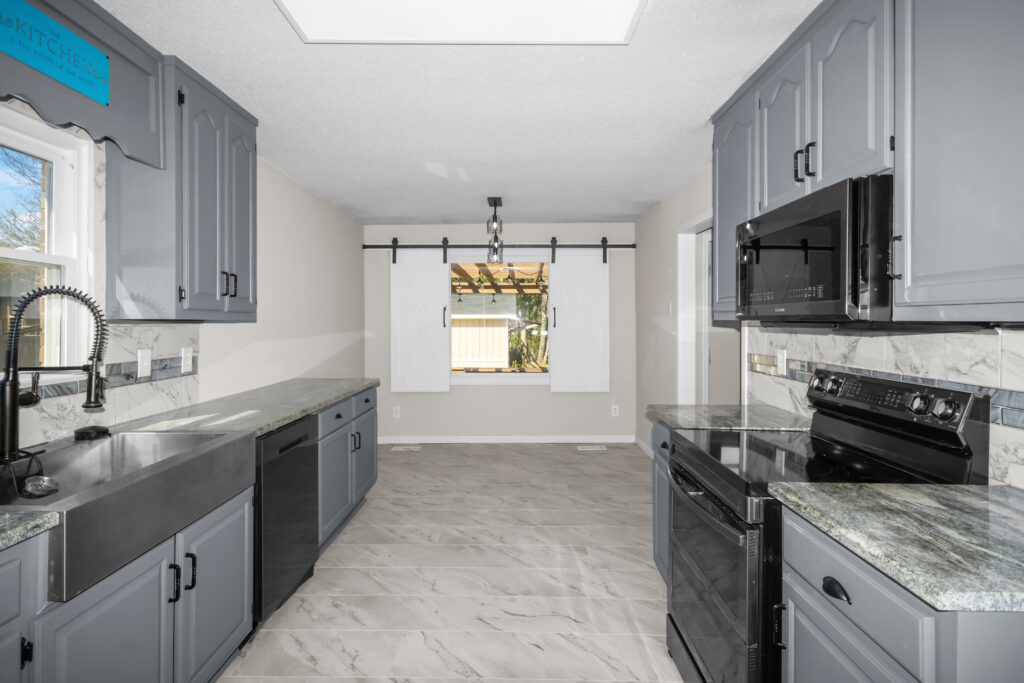 Kitchen, Farm house, windows, white walls, grey cabinets, modern design, modern appliances,  home for sale, hazel green, realtor John Wesley Brooks, Huntsville Alabama 
