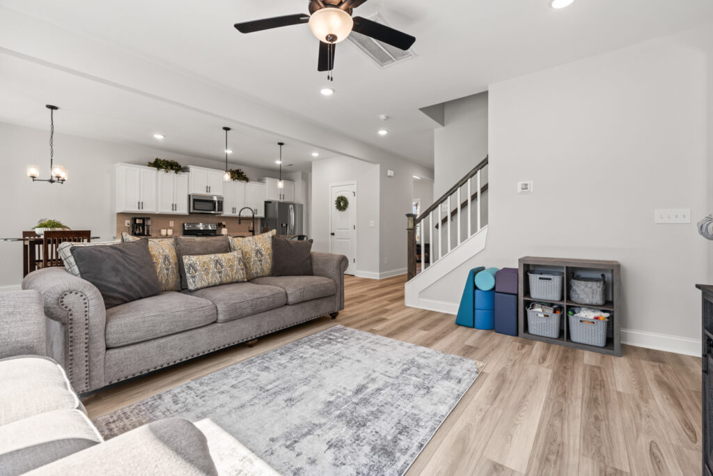 Family room, wood floors, modern design home 