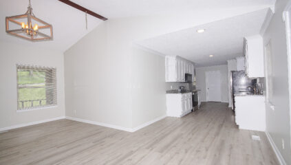 Renovated home for sale in huntsville Alabama, Gray walls, laminate flooring, upgraded lights and plumbing, tall vaulted ceilings, listed by top huntsville Realtor John Wesley Brooks