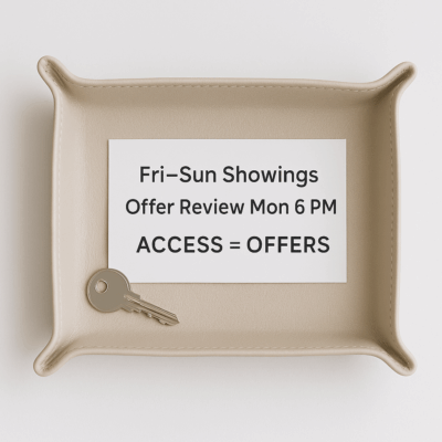 Key tray with weekend showings card on a white surface.