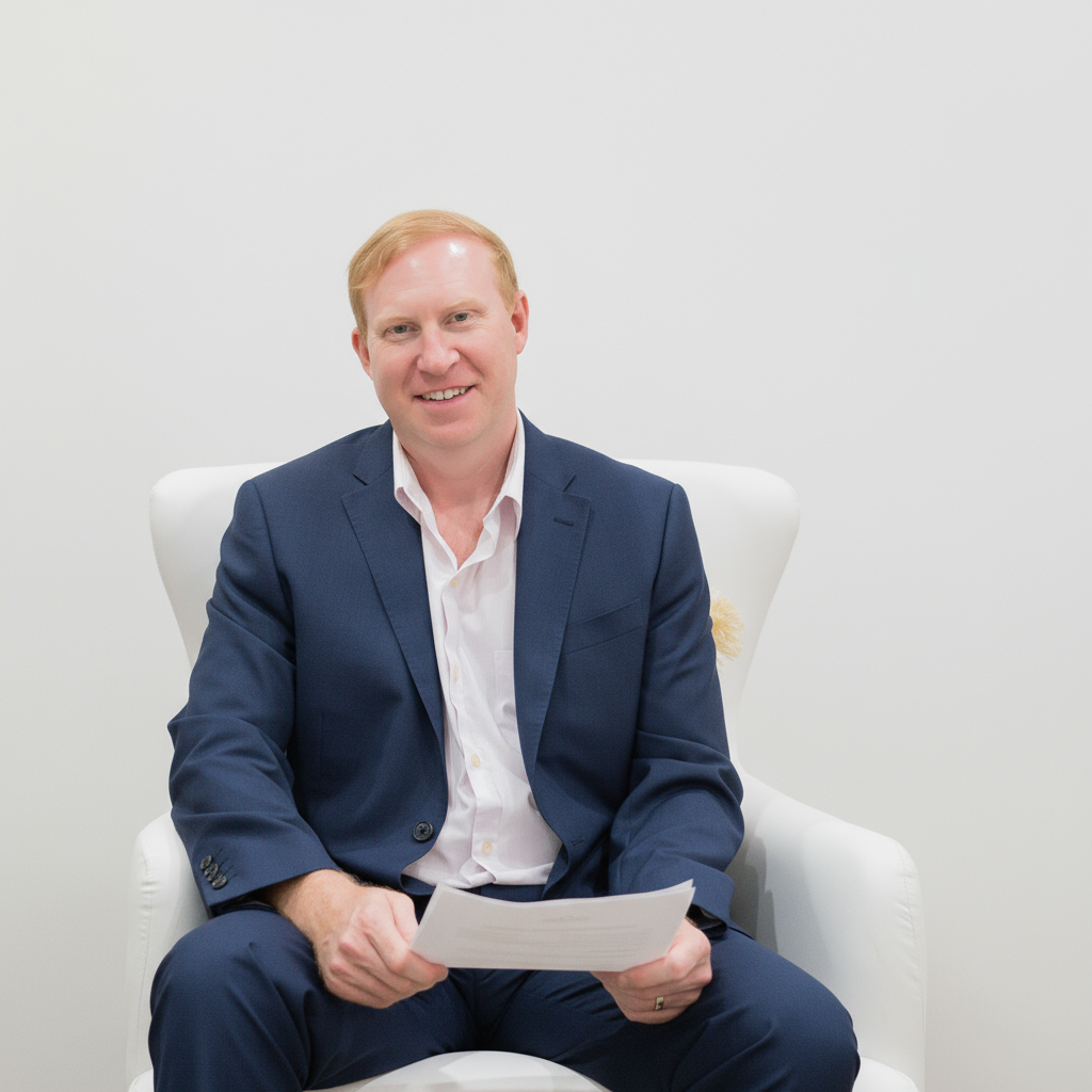 Huntsville Alabama, Top Realtor, John Wesley Brooks, White chair, Blue suit, Alabama Top Realtor