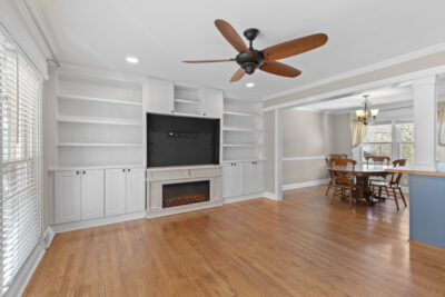 Family Room view, fireplace, hardwood floor, ceiling fan, renovated home for sale, Listed by John Wesley Brooks