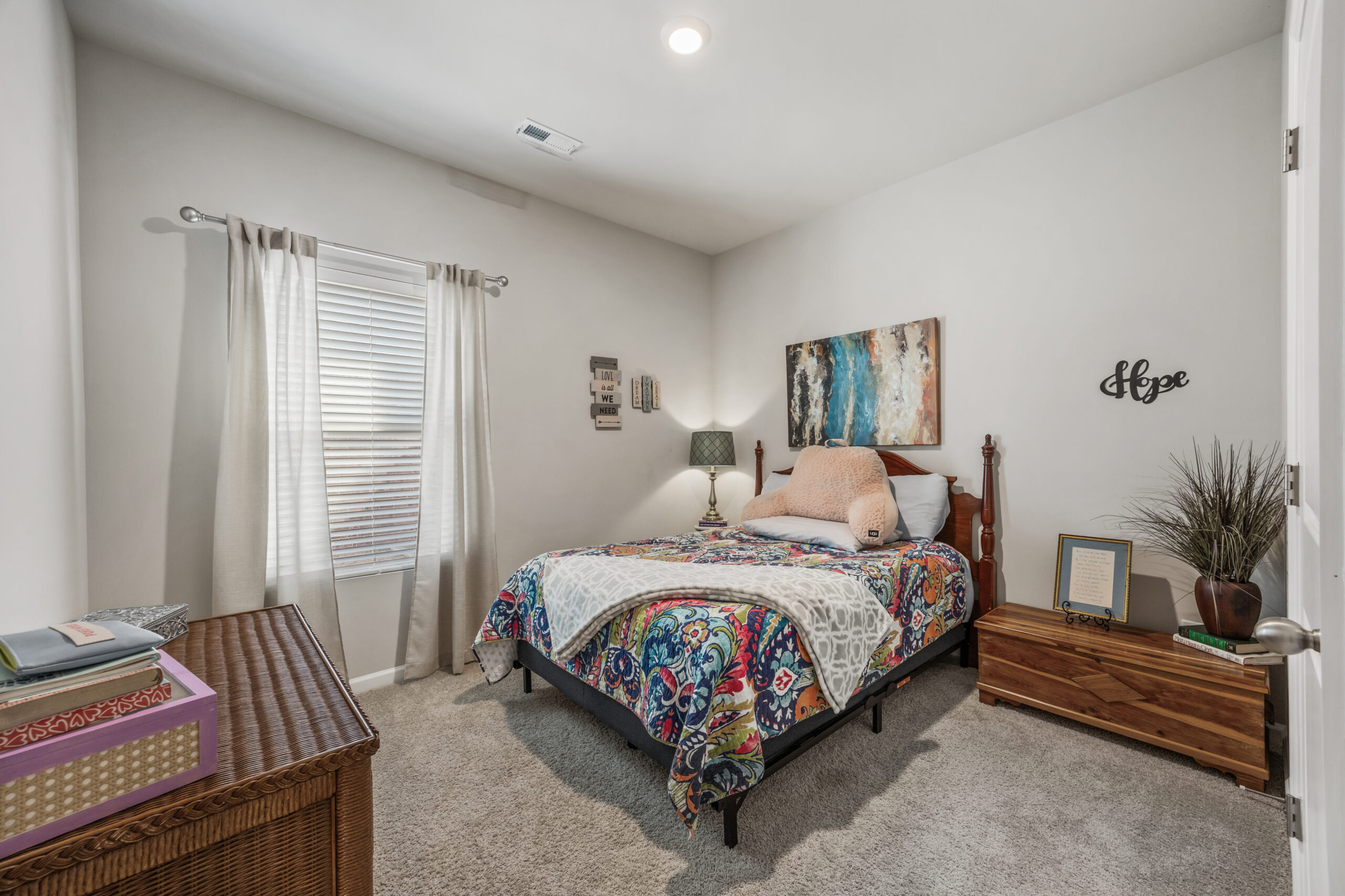 Bedroom 2, modern design, queen size bed, carpet, gray walls, property listed by John Wesley Brooks