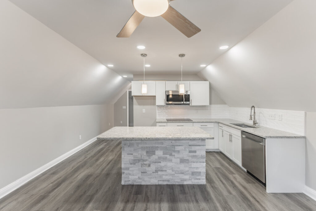 white kitchen cabinets, ADU, ceiling fan, lvp floors, renovated home, Blossomwood Huntsville Alabama, Listed by Top Realtor John Wesley Brooks