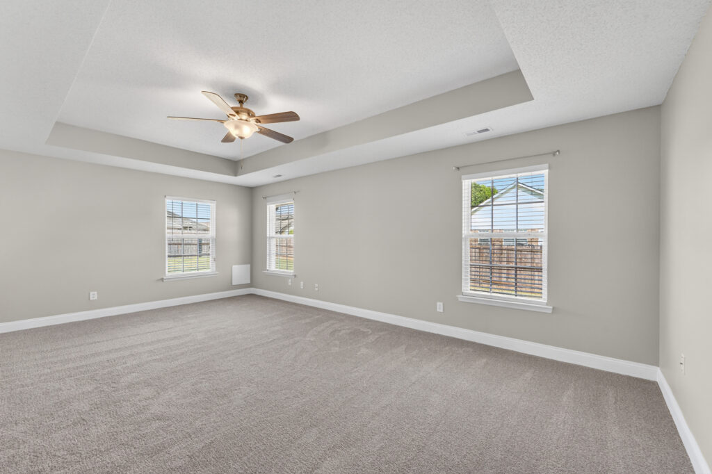 Master Bedroom, Grey walls, carpet, ceiling fan, trey ceiling, Madison Alabama home for sale, Listed by John Wesley Brooks, The Best Realtor In Huntsville Alabama 