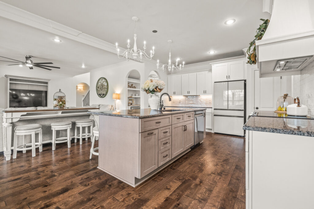 Dream kitchen, two tone cabinets, white design, wood floors, farm house, custom home, house for sale in Meridianville Alabama, Listed by Huntsville Best Realtor John Wesley Brooks