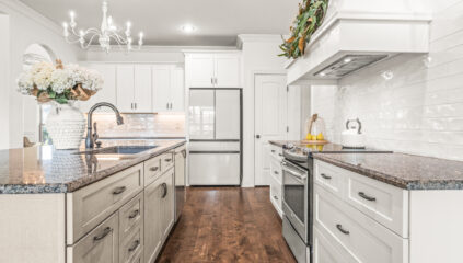 Dream custom designed kitchen, Island, White Cabinets, wood floors, kitchen hood, farm house design, stainless steel appliances, upgraded plumbing and light fixtures, Modern Design, HGTV inspired home, Meridianville Alabama home for sale, Listed by Huntsville's best Realtor John Wesley Brooks