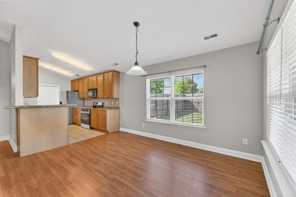 Kitchen area, wood floor, grey walls, open floor plan, madison alabama home, House for sale in Madison Alabama, Listed by John Wesley Brooks